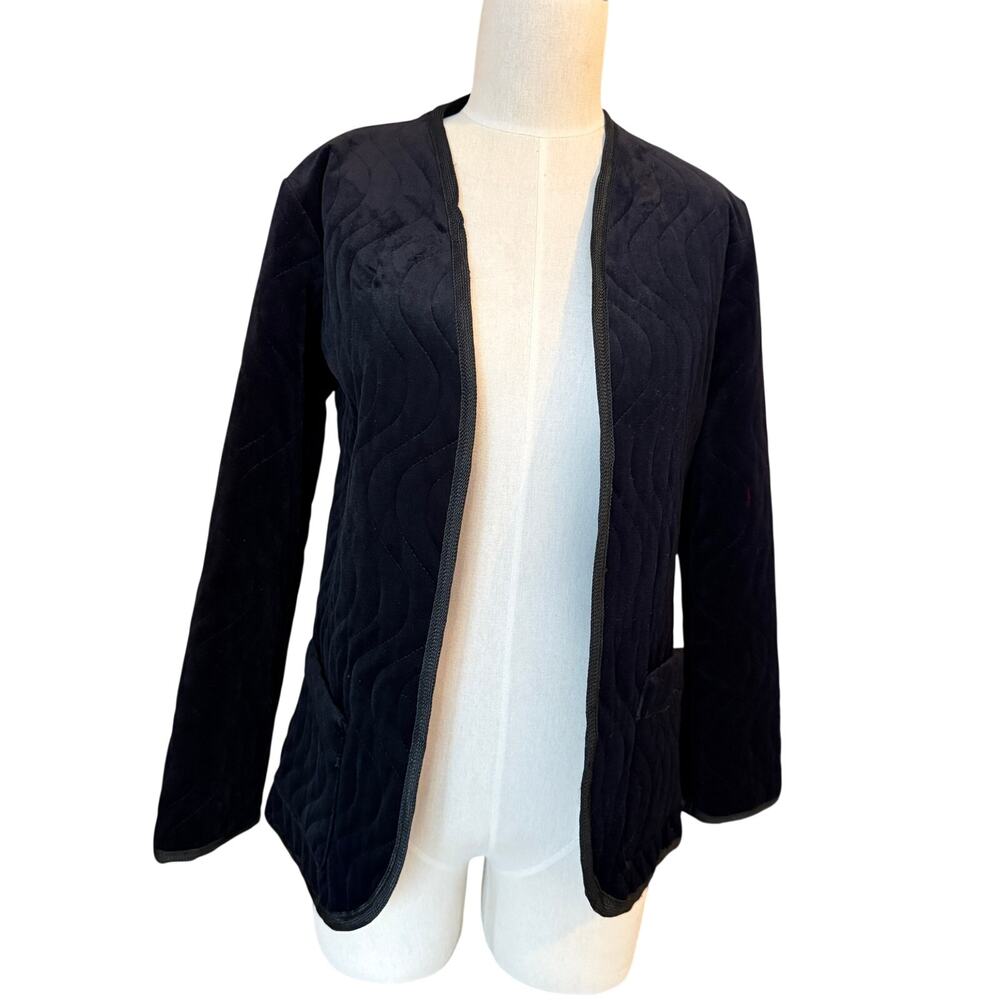 A. J. Bari Vintage Black Velour Velvet Quilted Wave Open Jacket Blazer Small